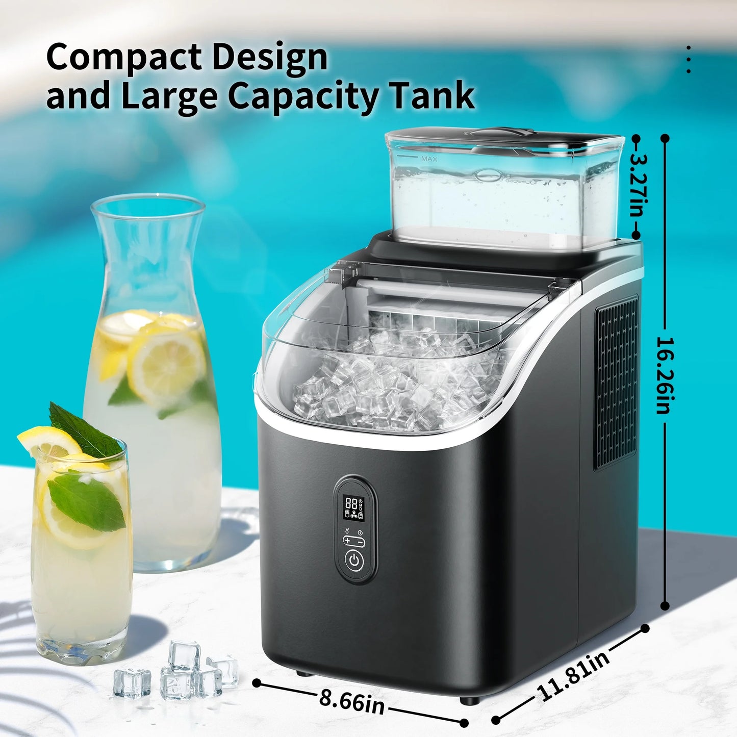 45Lbs/Day Portable Ice Cube Maker Machine Countertop, 2 Ways to Add Water, 14.17 in W, 14.76 in H