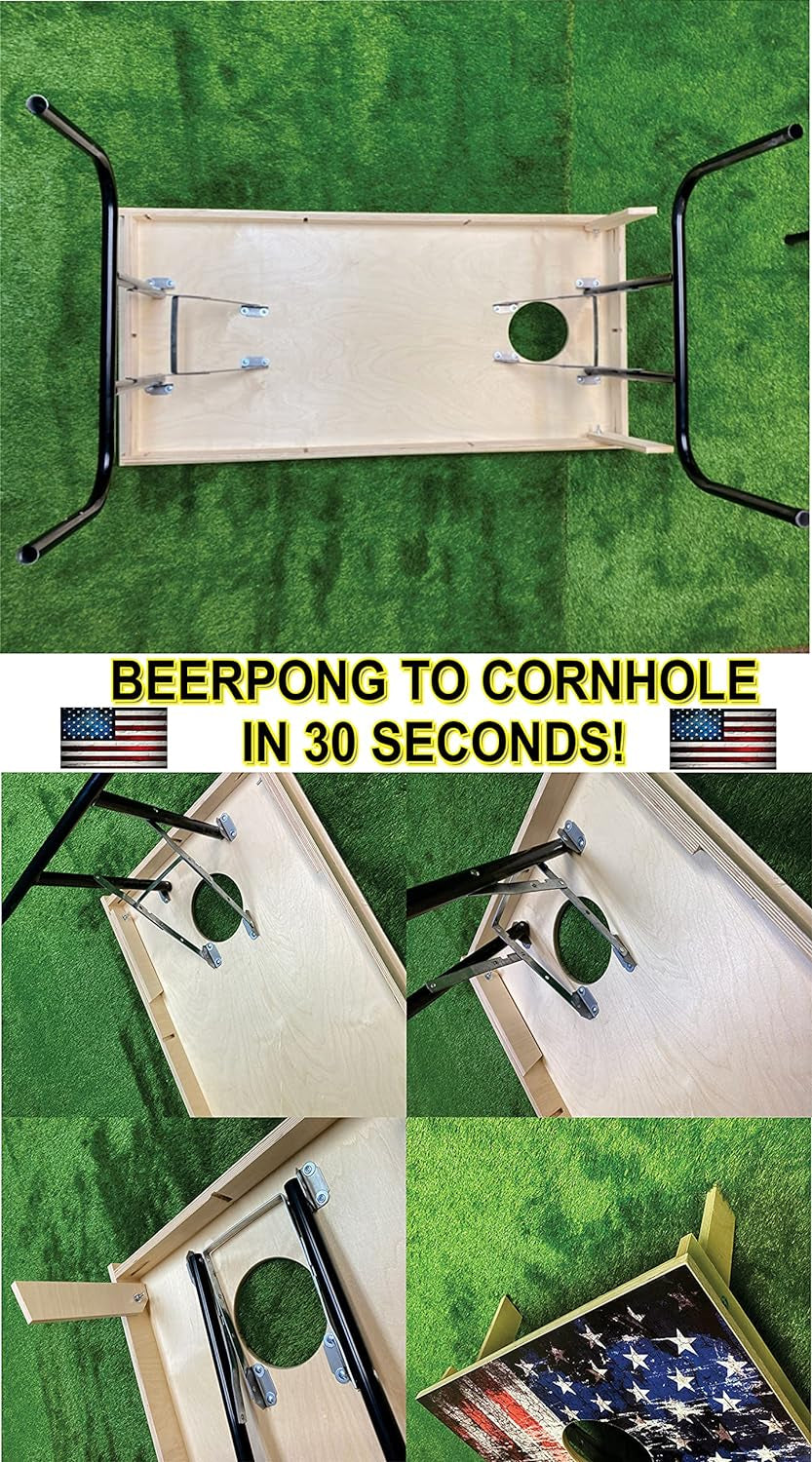 2-In-1 Cornhole & Pong Table - for College, Tailgate, Parties | Includes - 8Ftpong Table, Cornhole Board Set 4X2Ft, (8) Cornhole Bags (22) Cups (6) Pong Balls & (2) Racks