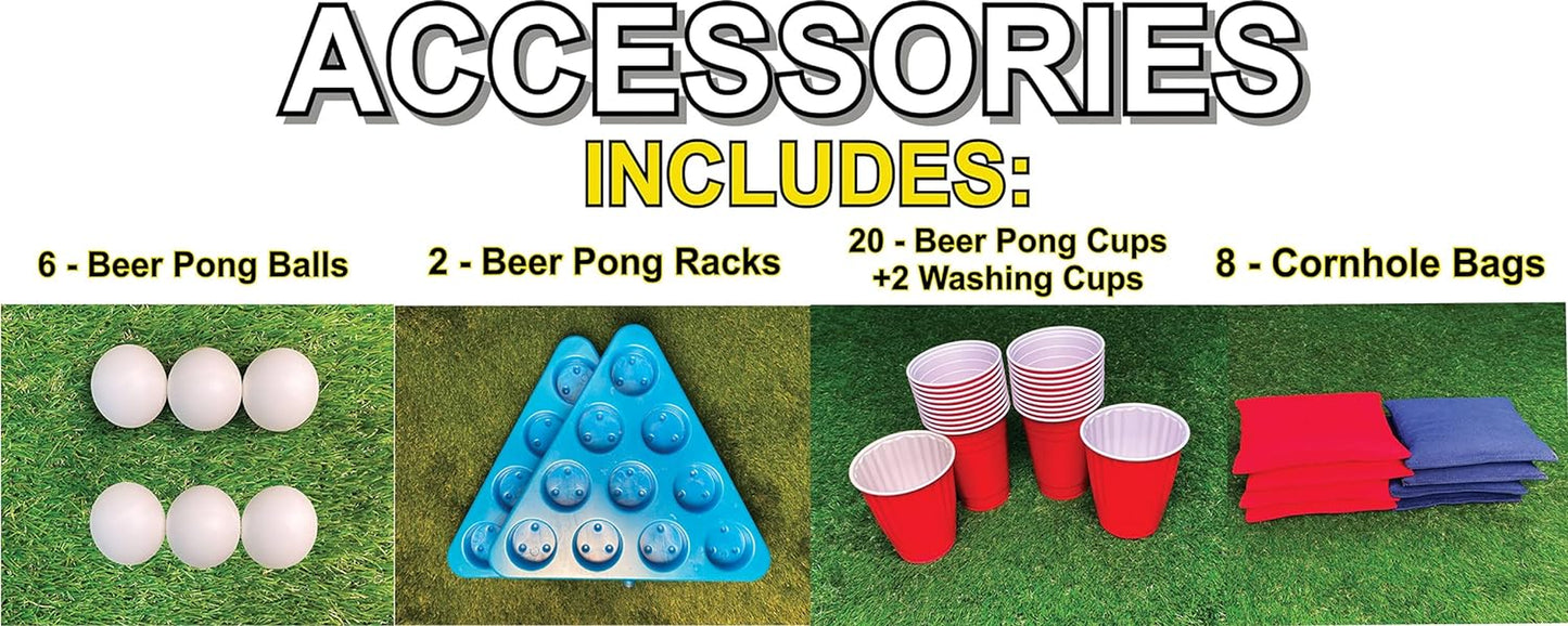 2-In-1 Cornhole & Pong Table - for College, Tailgate, Parties | Includes - 8Ftpong Table, Cornhole Board Set 4X2Ft, (8) Cornhole Bags (22) Cups (6) Pong Balls & (2) Racks