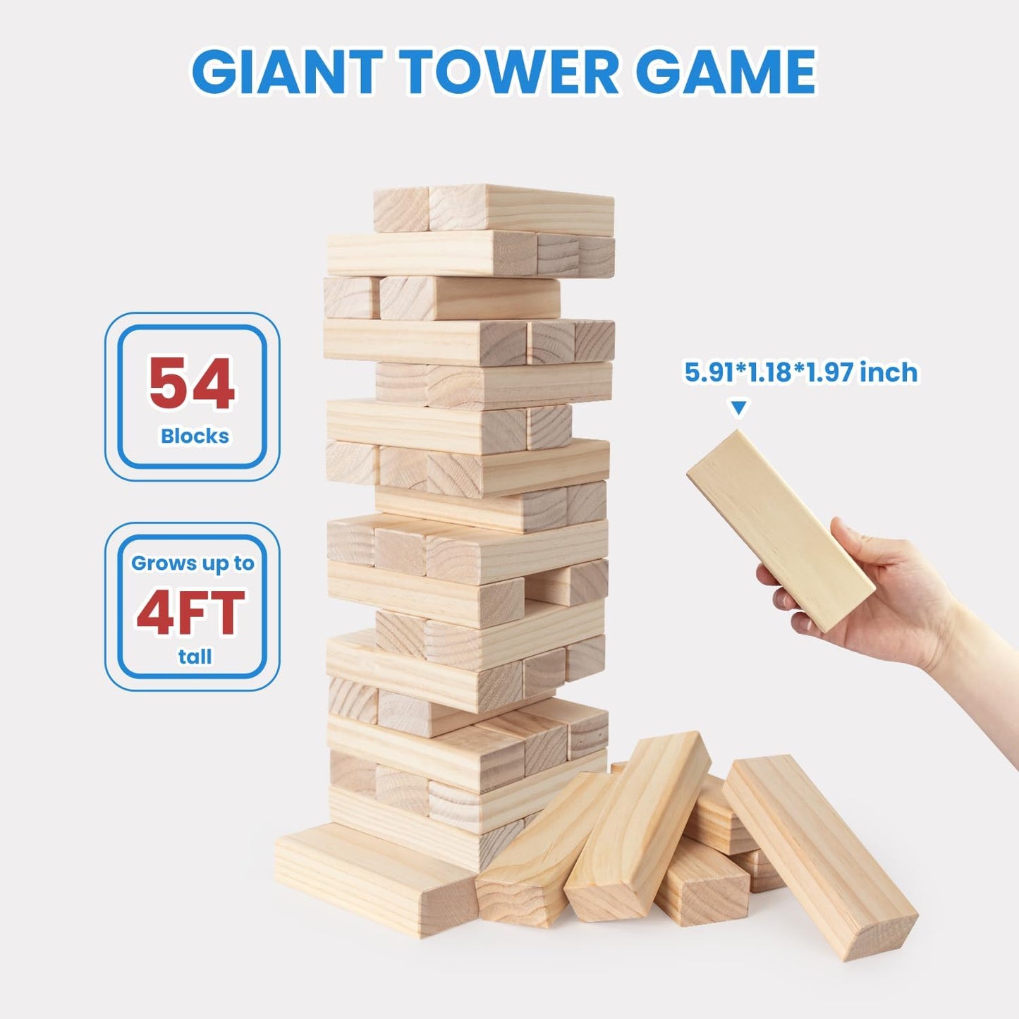 Giant Tumble Tower, Pine Wooden Topple Game Classic Block Stacking for Kids/Adults/Family, 54 PCS (Stack from 1.77Ft to over 4Ft)