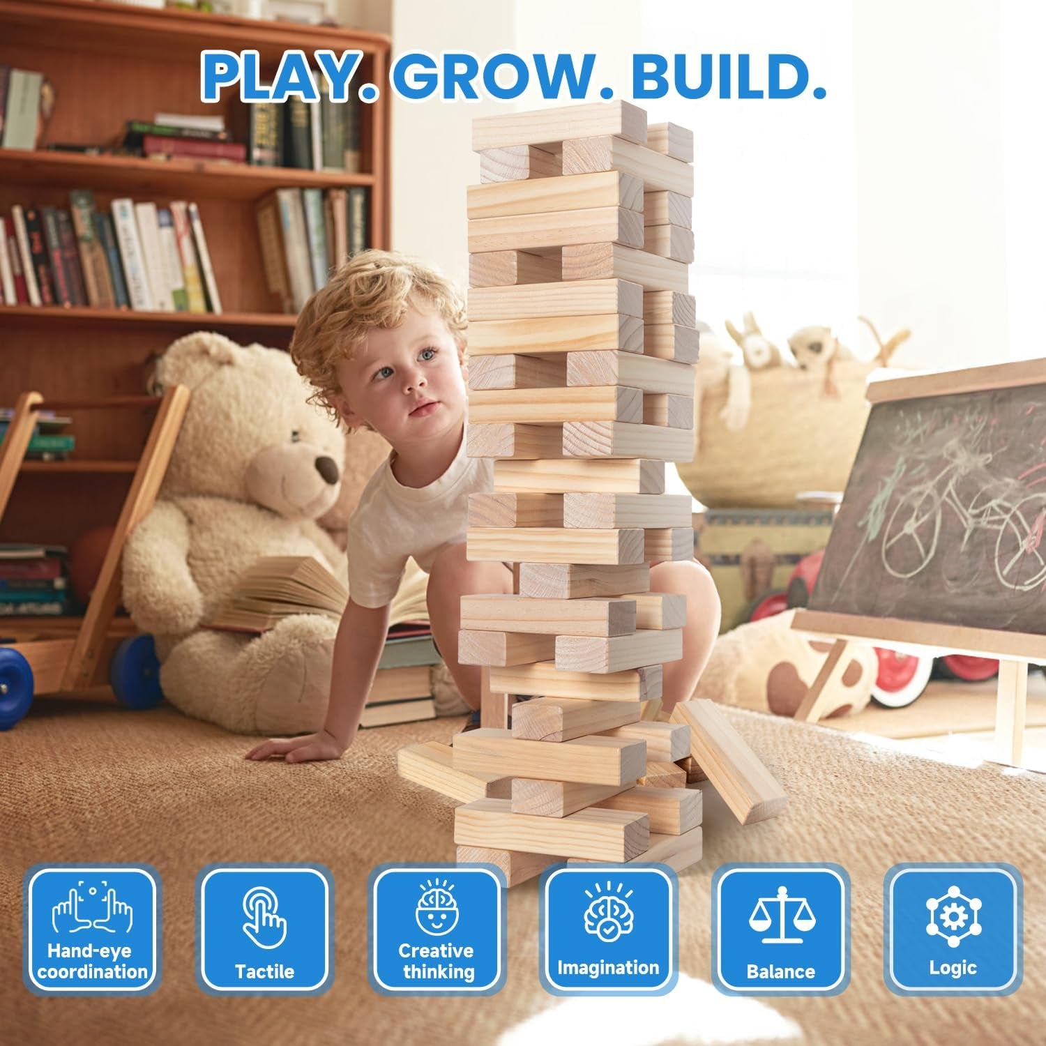 Giant Tumble Tower, Pine Wooden Topple Game Classic Block Stacking for Kids/Adults/Family, 54 PCS (Stack from 1.77Ft to over 4Ft)