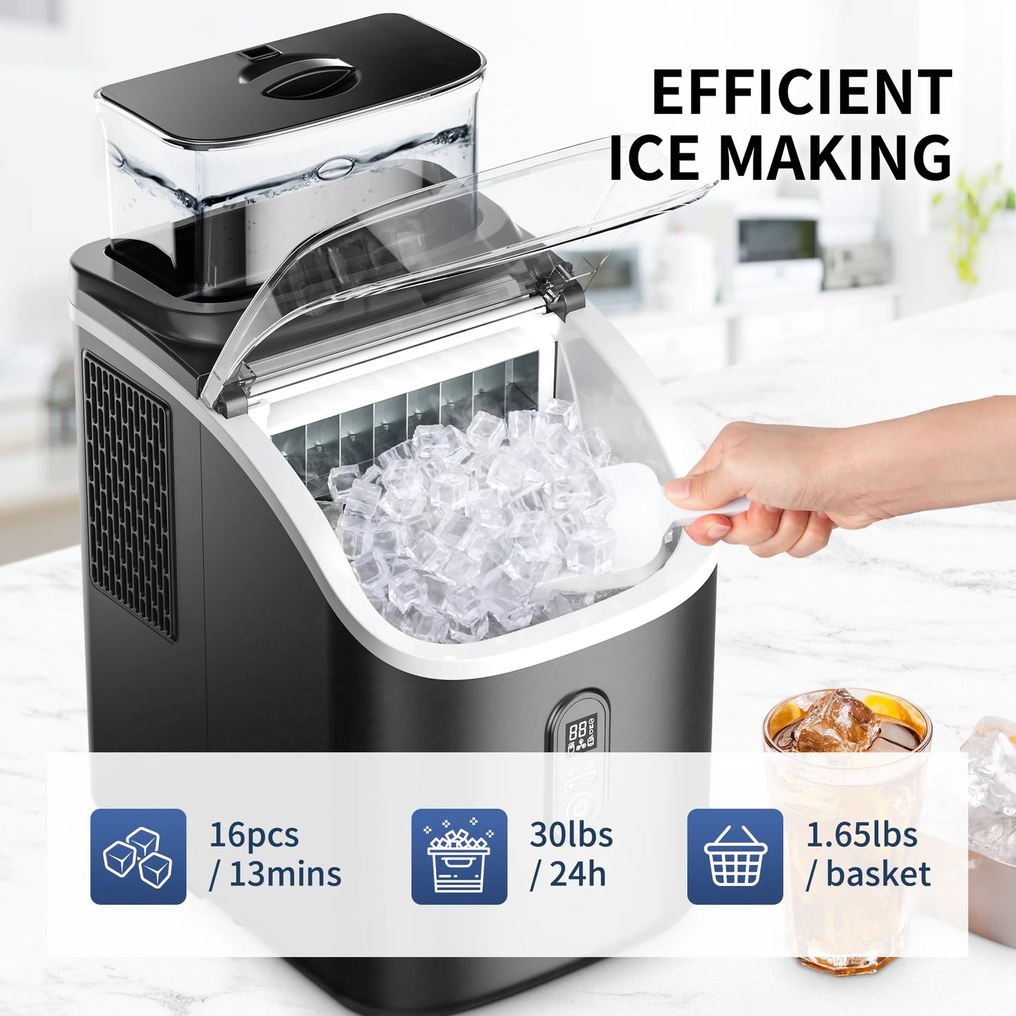 45Lbs/Day Portable Ice Cube Maker Machine Countertop, 2 Ways to Add Water, 14.17 in W, 14.76 in H